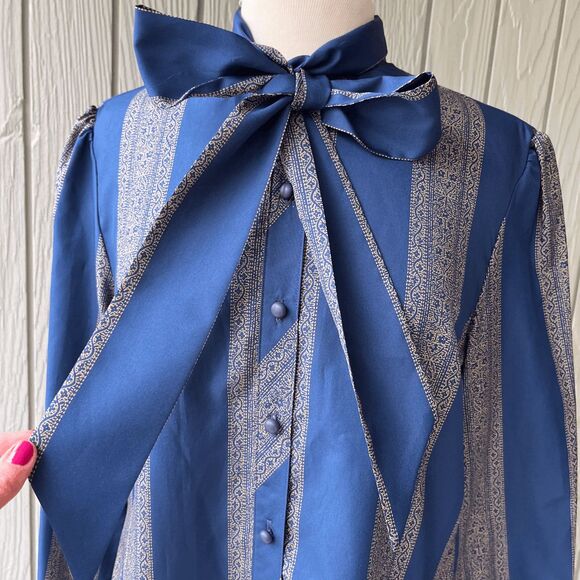 VTG Bayard Sport Blue Stripe Bow Tie Shirt Dress A-Line Made in USA L - Picture 2 of 13